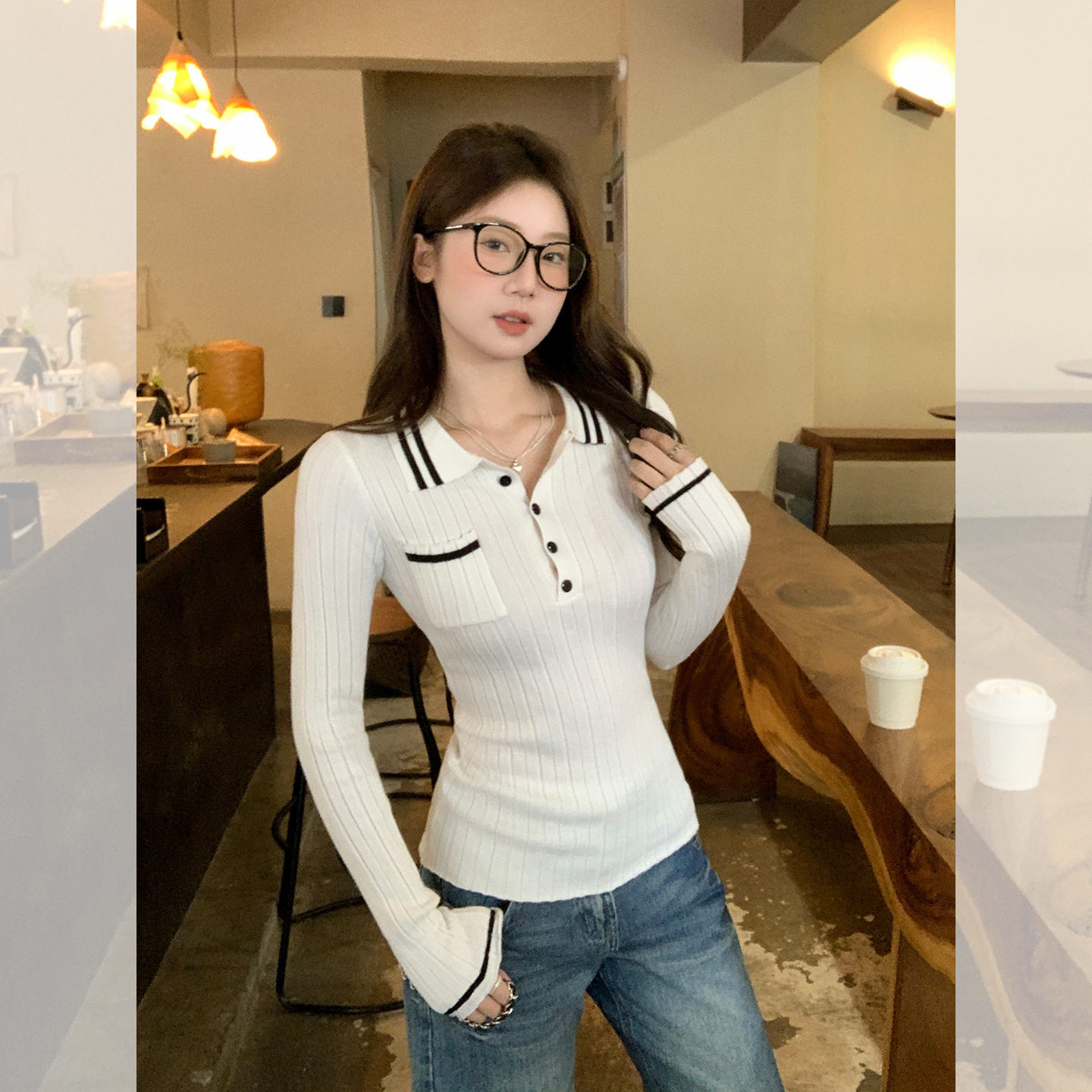 白色polo领内搭针织打底衫女2025年秋季新款气质修身显瘦长袖上衣