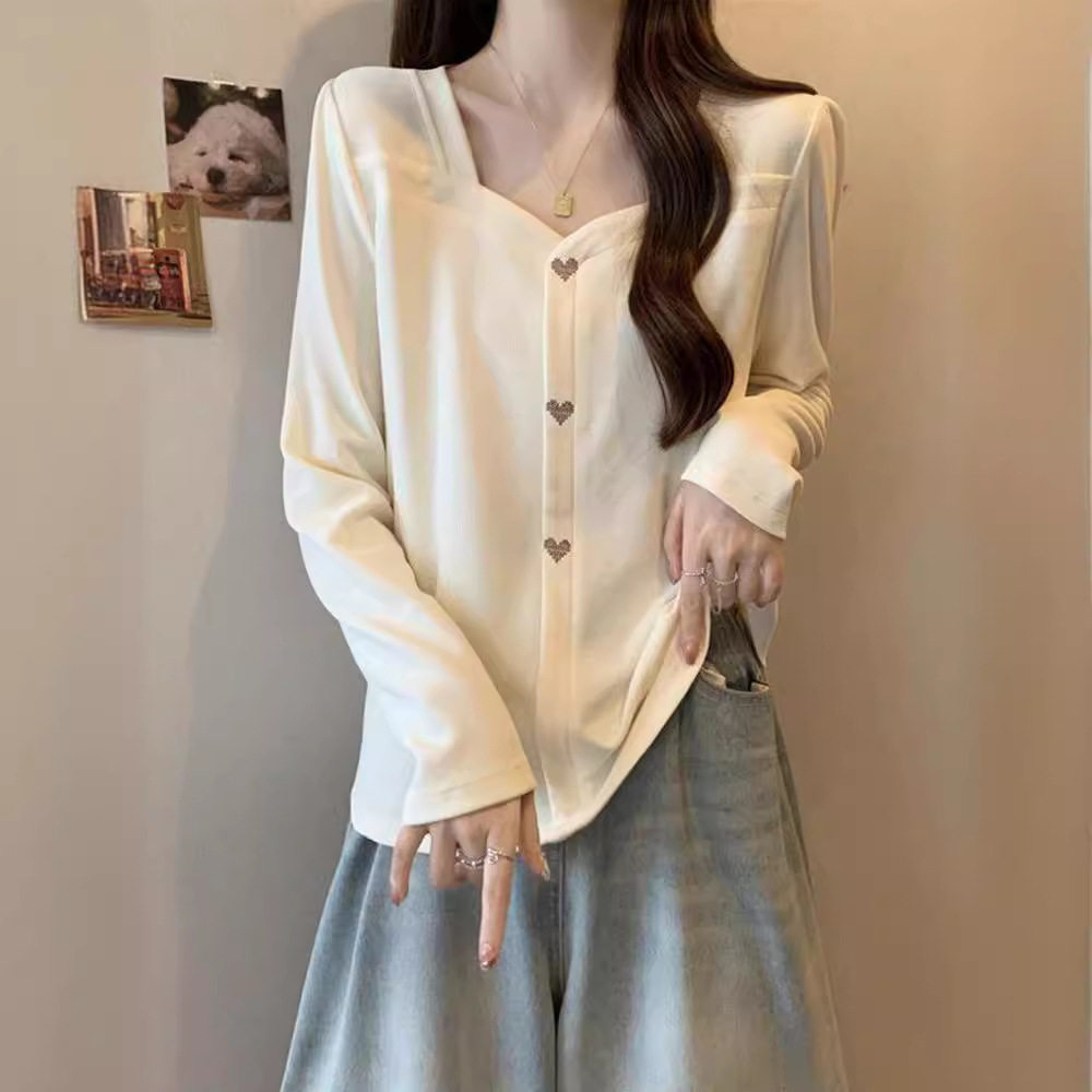 大码女装遮肚子正肩长袖T恤打底衫女春秋胖妹妹宽松显瘦别致上衣