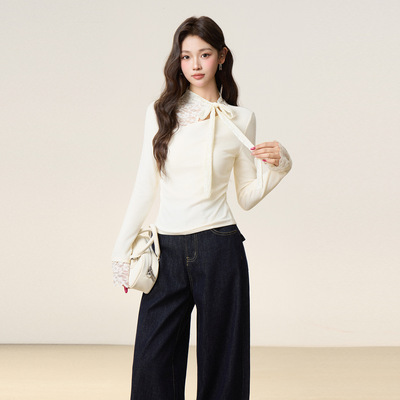 秋冬杏色蕾丝蝴蝶结系带T