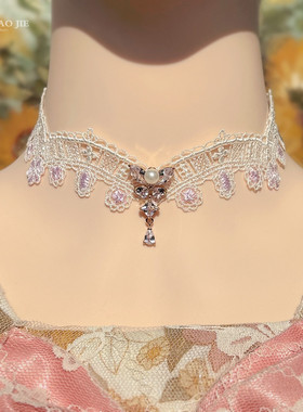 原创法式浪漫花朵钻石蕾丝锁骨链