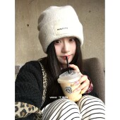 大头专属 针织帽女休闲帽子宽松保暖护耳白色毛线帽秋冬冷帽