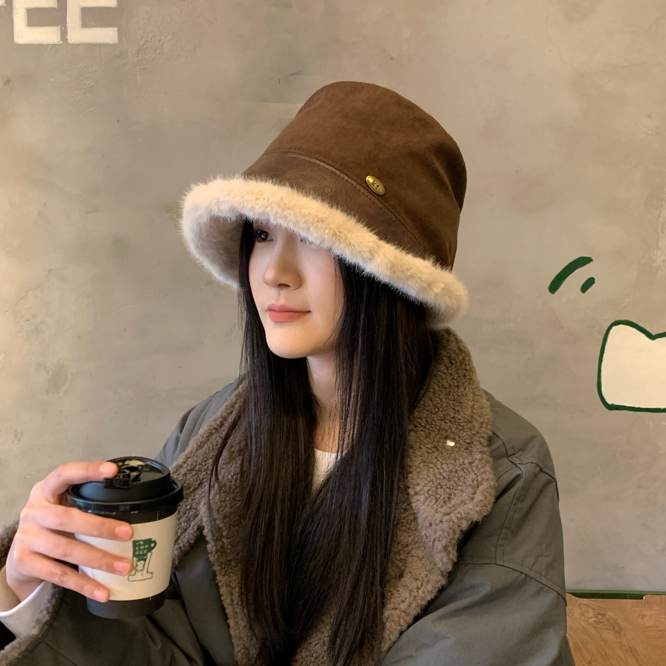 毛绒绒渔夫帽复古水桶帽显脸小