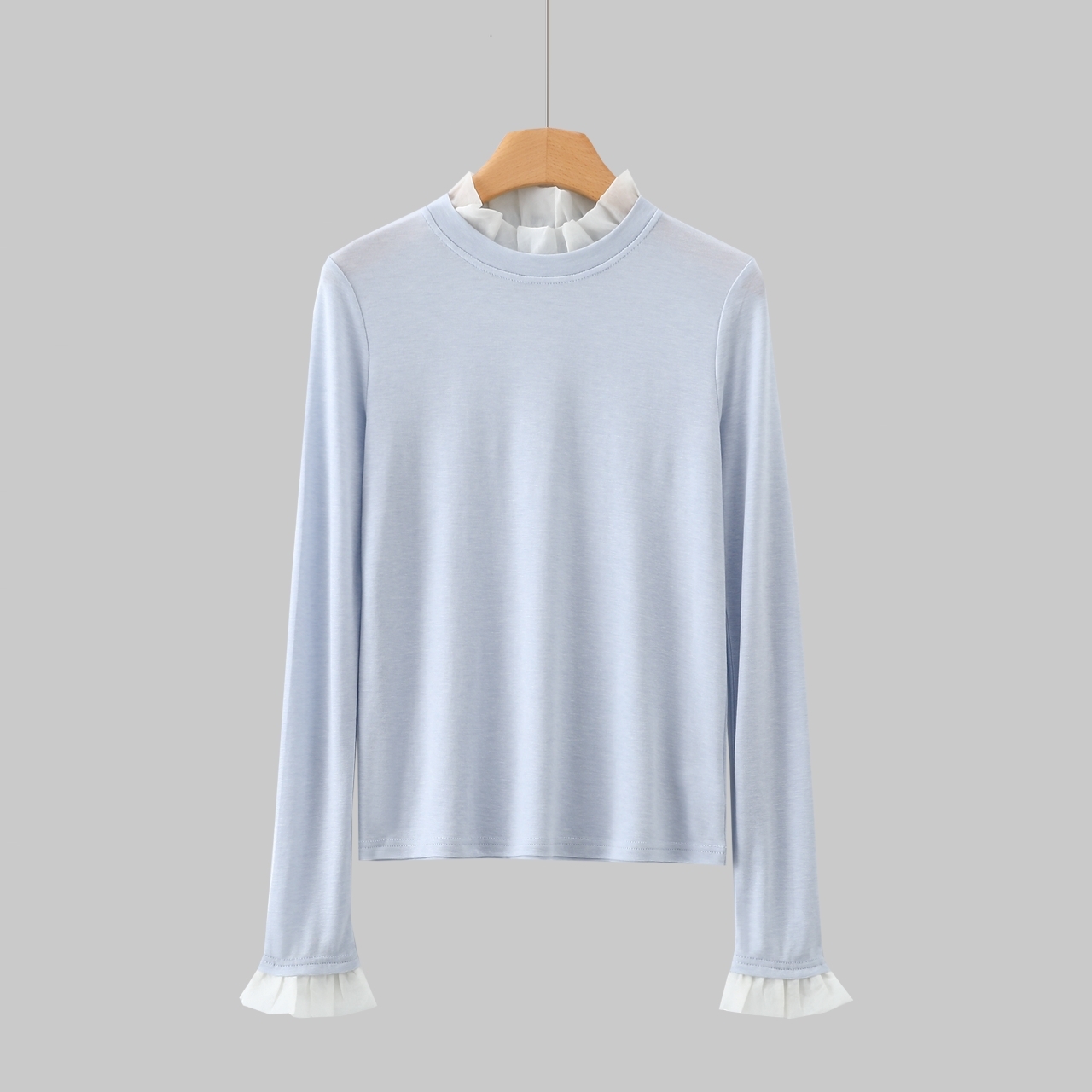 早秋天丝半高领木耳边长袖T恤女