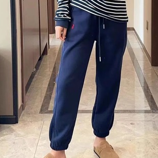 直筒宽松松紧腰运动长裤 加绒加厚小马刺绣休闲束脚卫裤 女秋冬新款