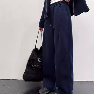 分割线显瘦窄版弯刀裤松紧腰卫裤加绒直筒阔腿裤女冬季宽松运动裤