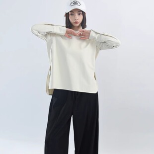 春季衬衣袖~前短后长~圆领长袖T恤女2026新款宽松百搭打底衫上衣