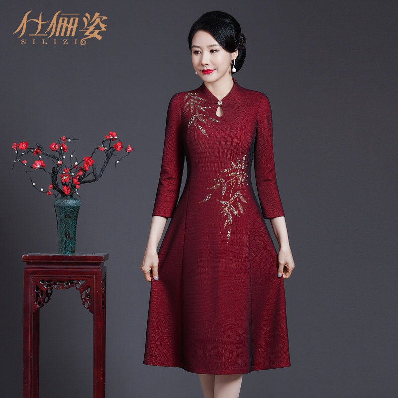 秋冬新款时尚妈妈敬酒服连衣裙改良中式旗袍婚宴礼服A字裙