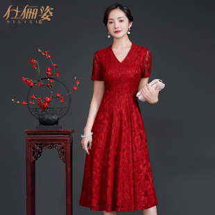 高贵显瘦 过膝修身 夏装 洋气妈妈连衣裙气质中年女士A字裙子短袖