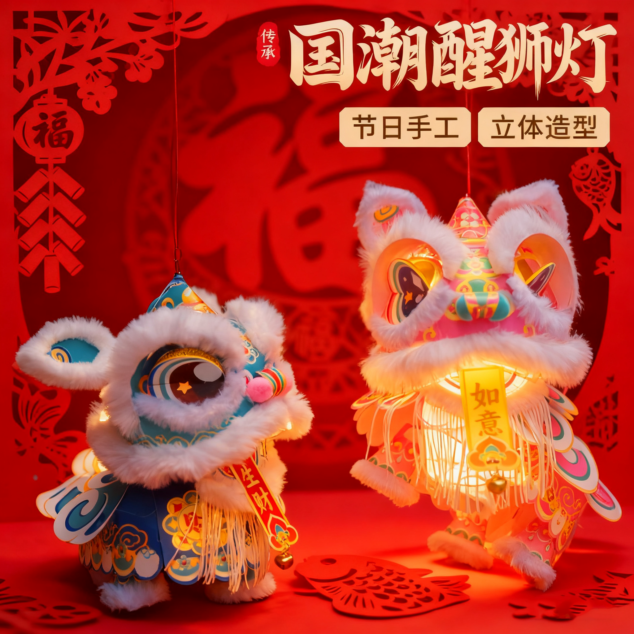 元旦节非遗醒狮灯笼儿童手工diy