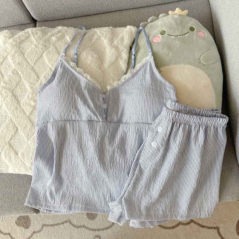 甜美风吊带睡衣女夏天2025年新款粉色条纹蕾丝花边上衣短裤居家服