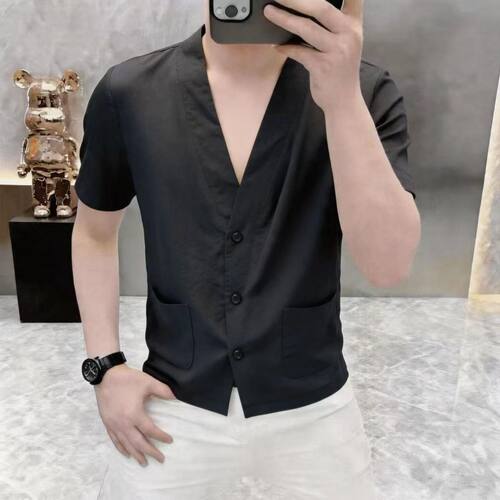 高档轻奢时尚夏季新款男士V领短袖衬衣休闲宽松时尚潮流纯色S396
