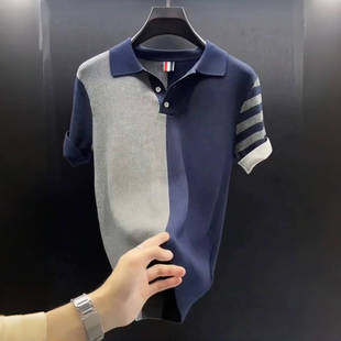欧洲站轻奢T恤上衣polo衫 高级感撞色t恤男条纹短袖 新款 男士