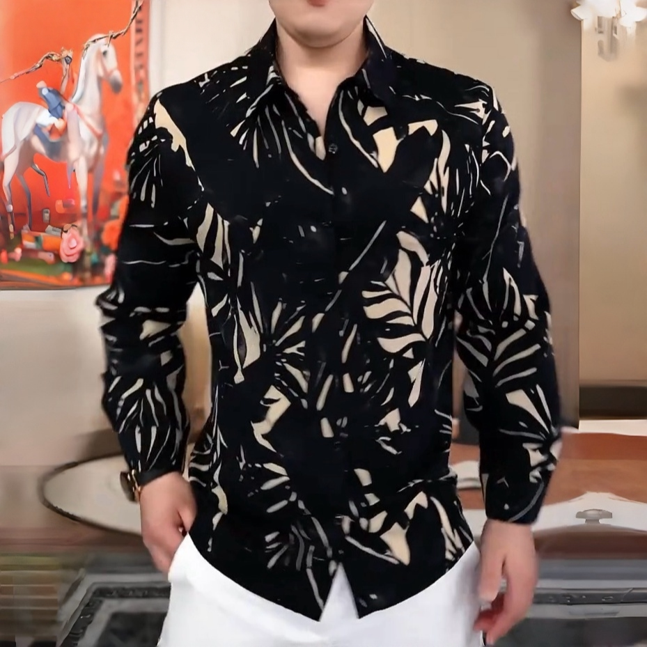《秋风叶》男士秋季新款百搭翻领长袖休闲修身聚酯纤维男士秋季