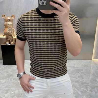 【轻奢欧货】夏季新款圆领条纹短袖T恤男士时尚半袖体恤男装6566