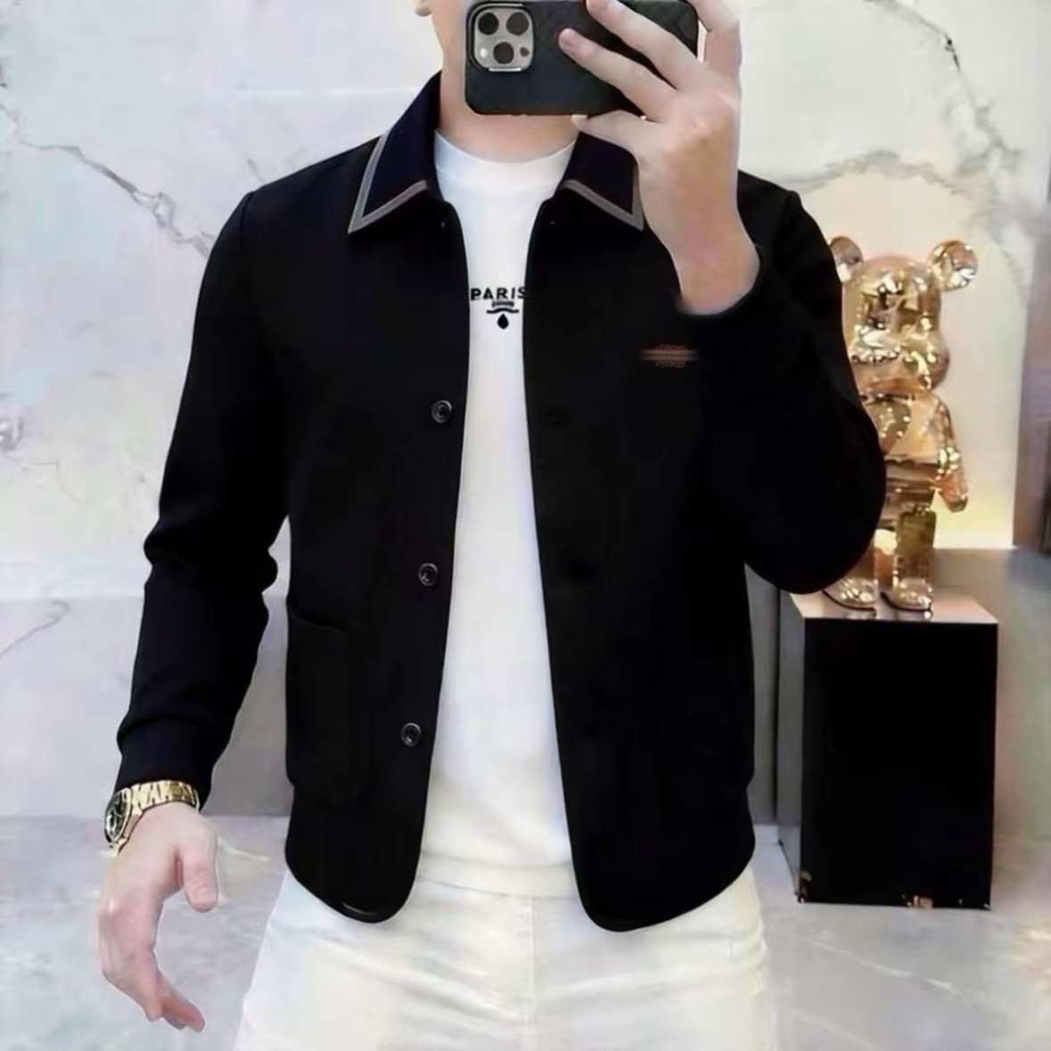 高档欧洲站时尚男装春款翻领纽扣外套男士百搭轻奢夹克上衣2253