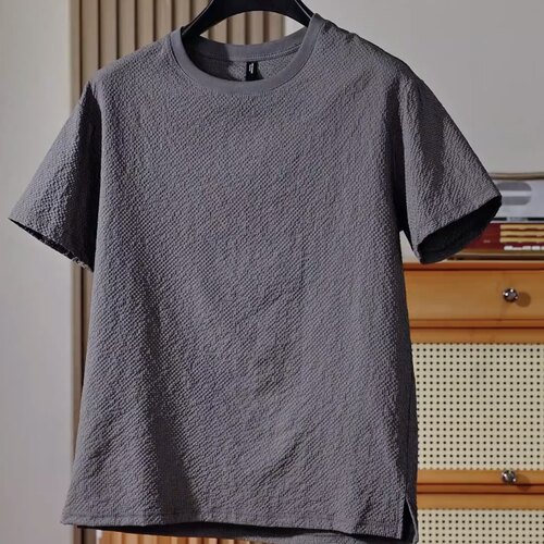 冰爽轻簿夏季新款肌理感微宽松下摆开叉泡泡纱短袖T恤