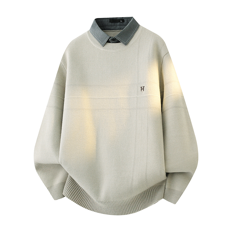 轻奢高端秋冬季男士衬衫领针织衫加厚保暖百搭假两件毛衣内搭