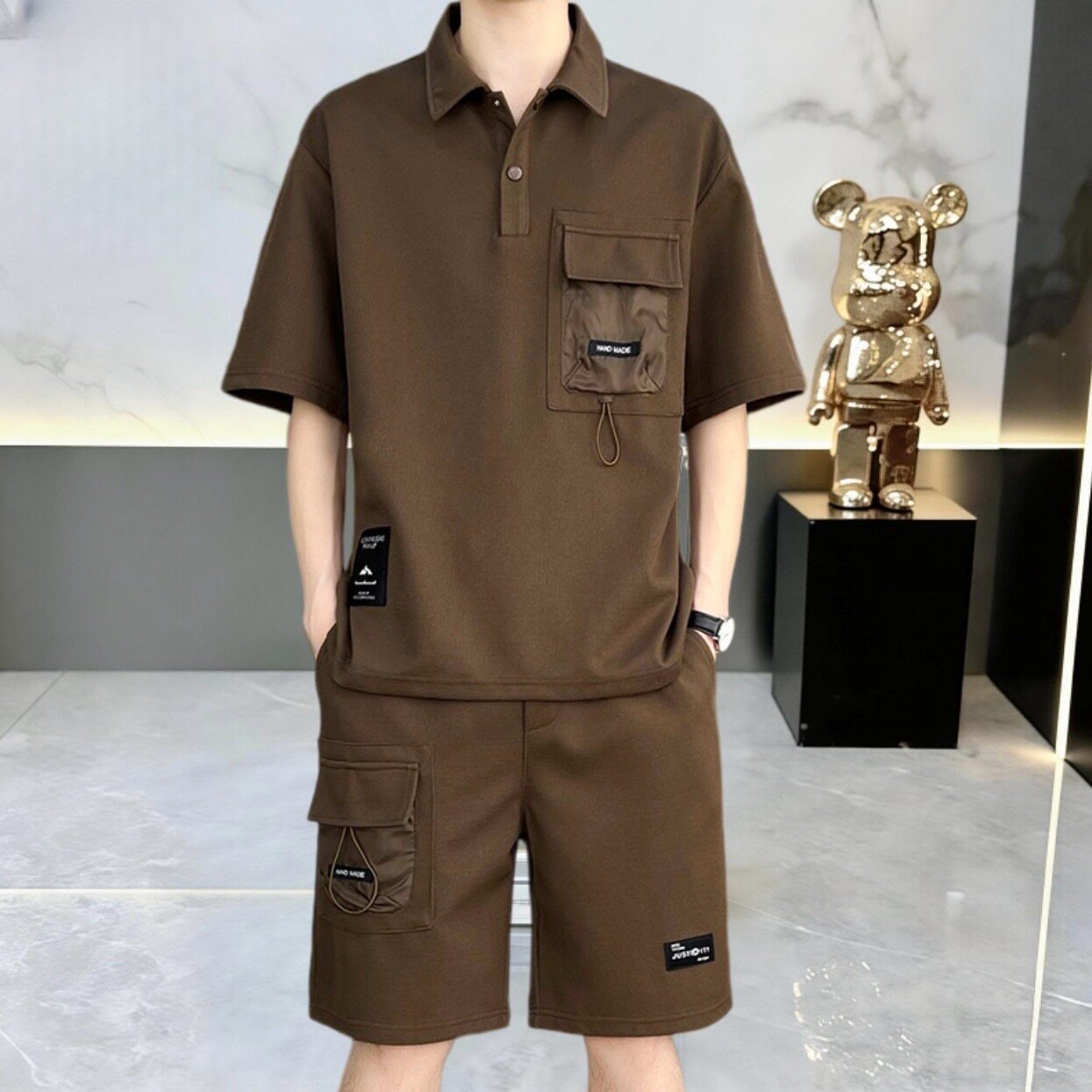 痞帅夏季时尚套装男装港风宽松POLO衫潮流印花休闲短袖短裤套装