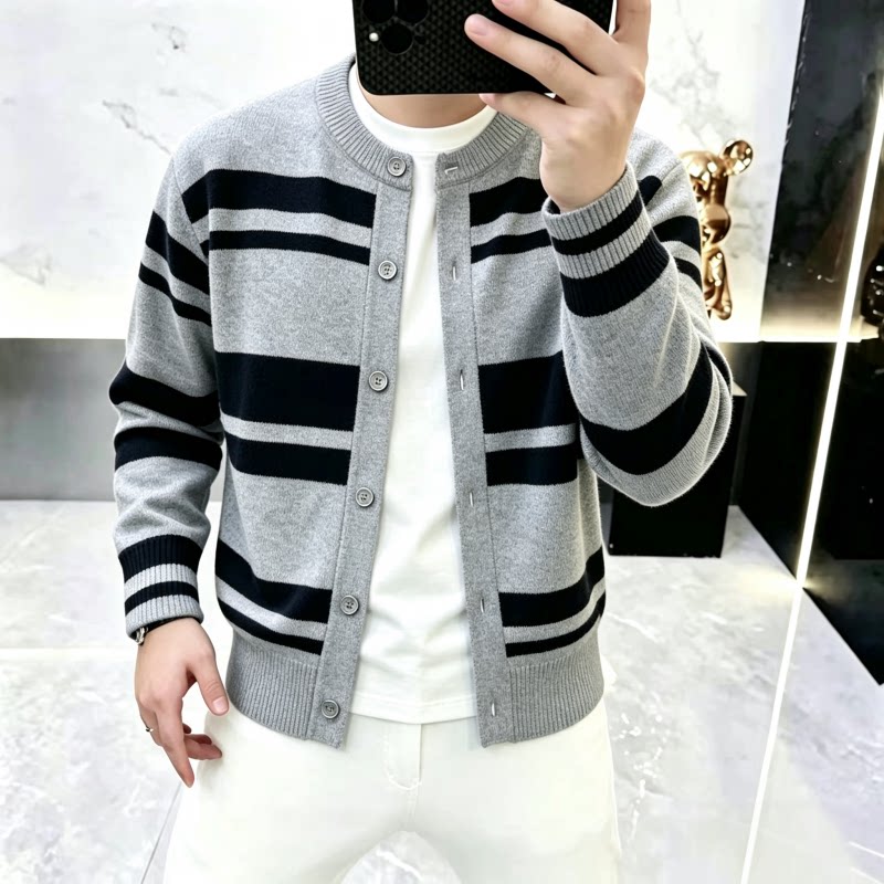 新款男士春秋季宽松休闲圆领慵懒风针织开衫毛衣外套春季情侣外套