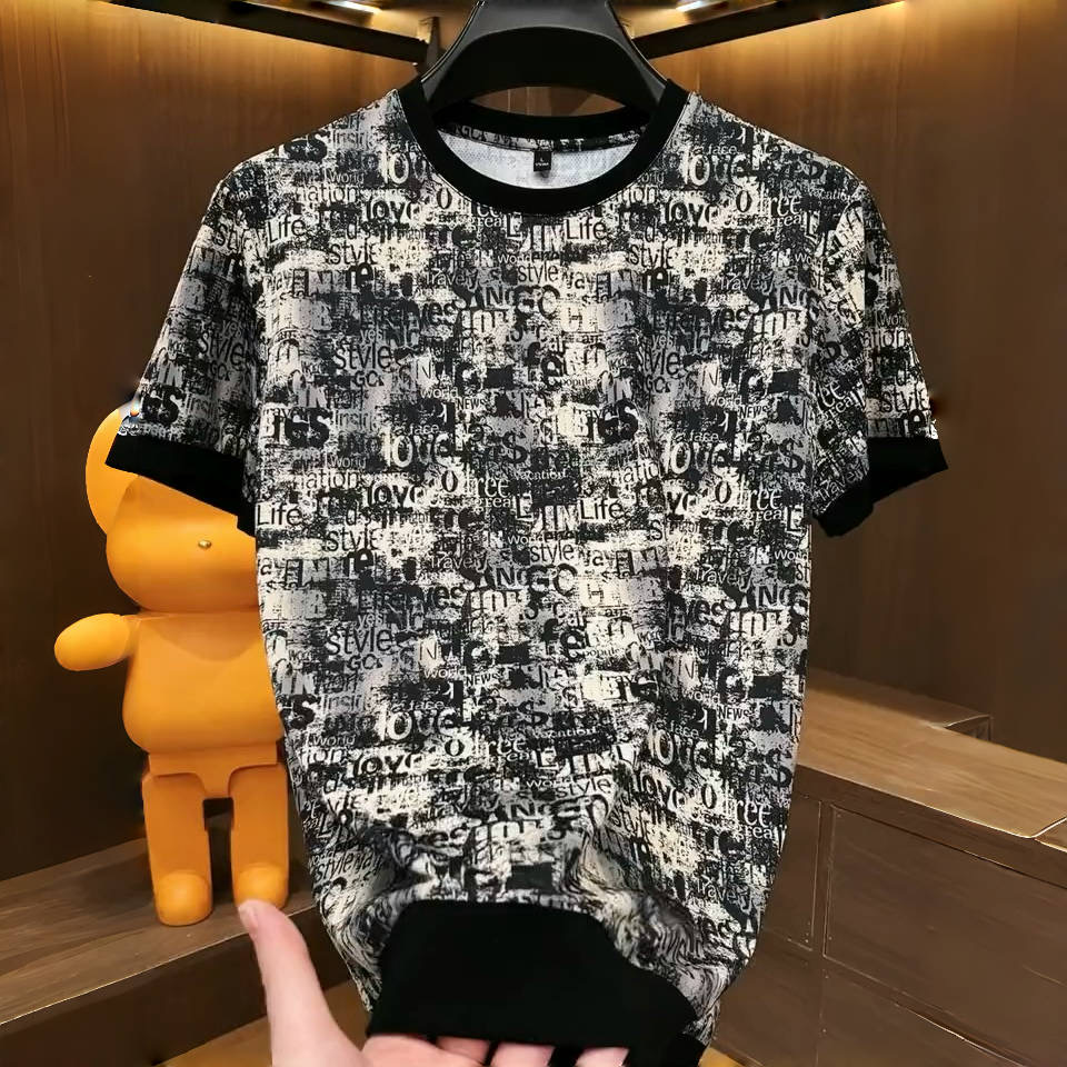 设计师款夏季冰丝字母几何印花圆领T恤男士短袖时尚高品质百搭