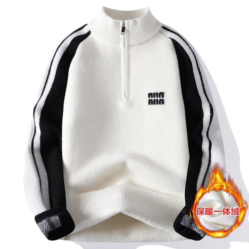 男士毛衣加绒加厚青少年大童保暖打底衫冬季学生半拉链休闲针织衫
