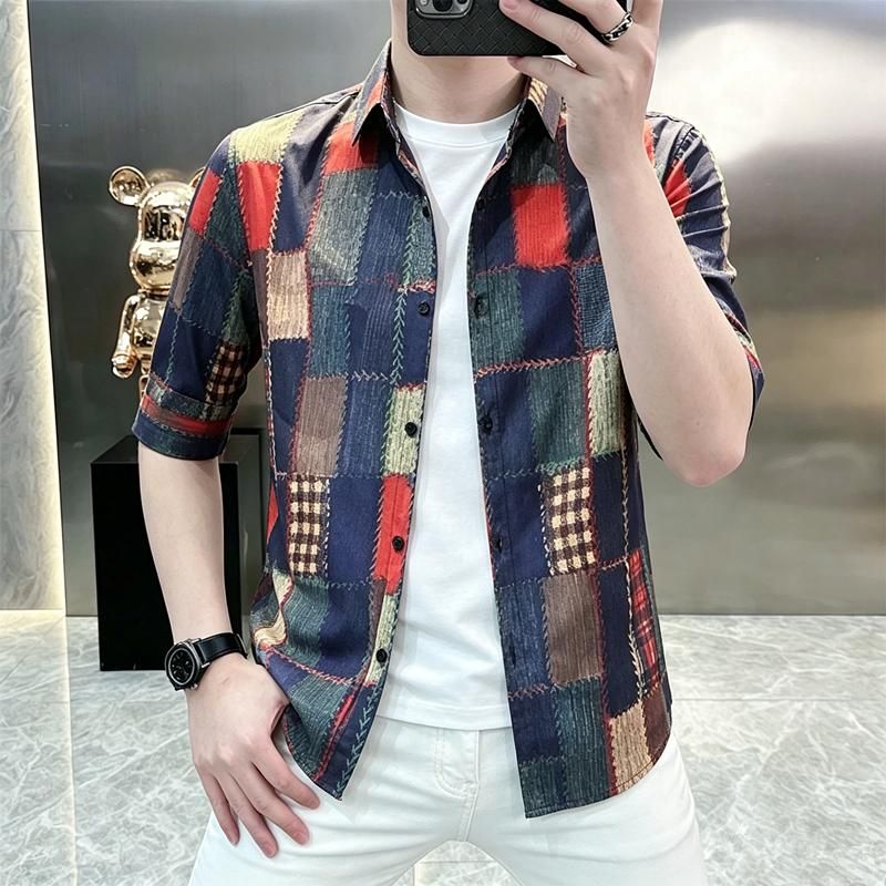 2026新款渐变色短袖衬衫男格子夏季翻领上衣服休闲衬衣男潮8663