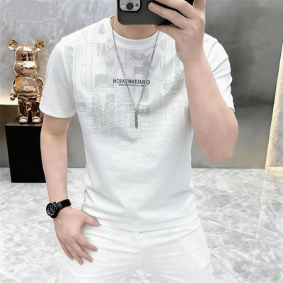 高档夏季潮流印花圆领短袖T恤男士时尚薄款透气半袖体恤男装6623