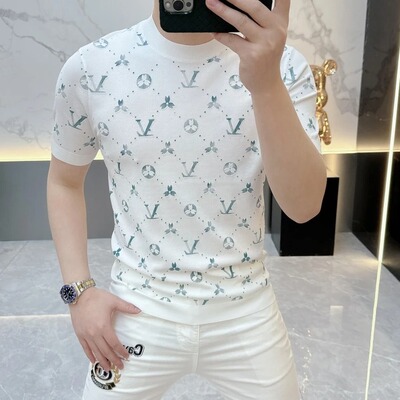 2025夏季新款个性提花修身帅气圆领冰丝短袖T恤男薄款针织衫