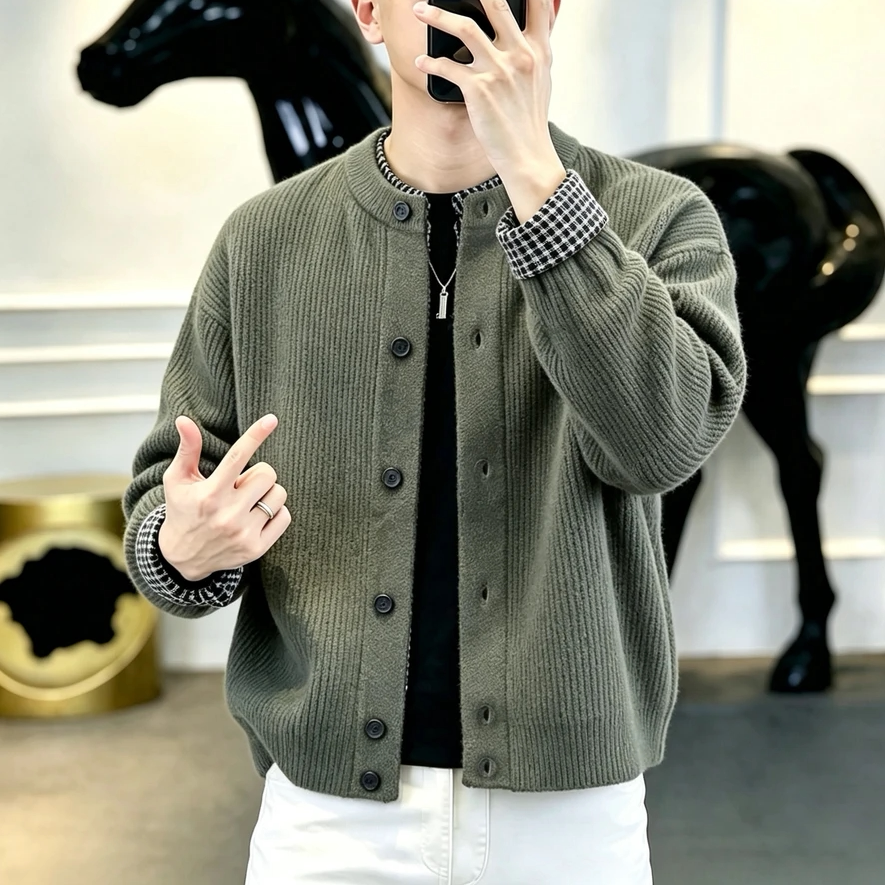假两件格子领口针织立领夹克男士秋冬季韩版帅气休闲开衫毛衣外套