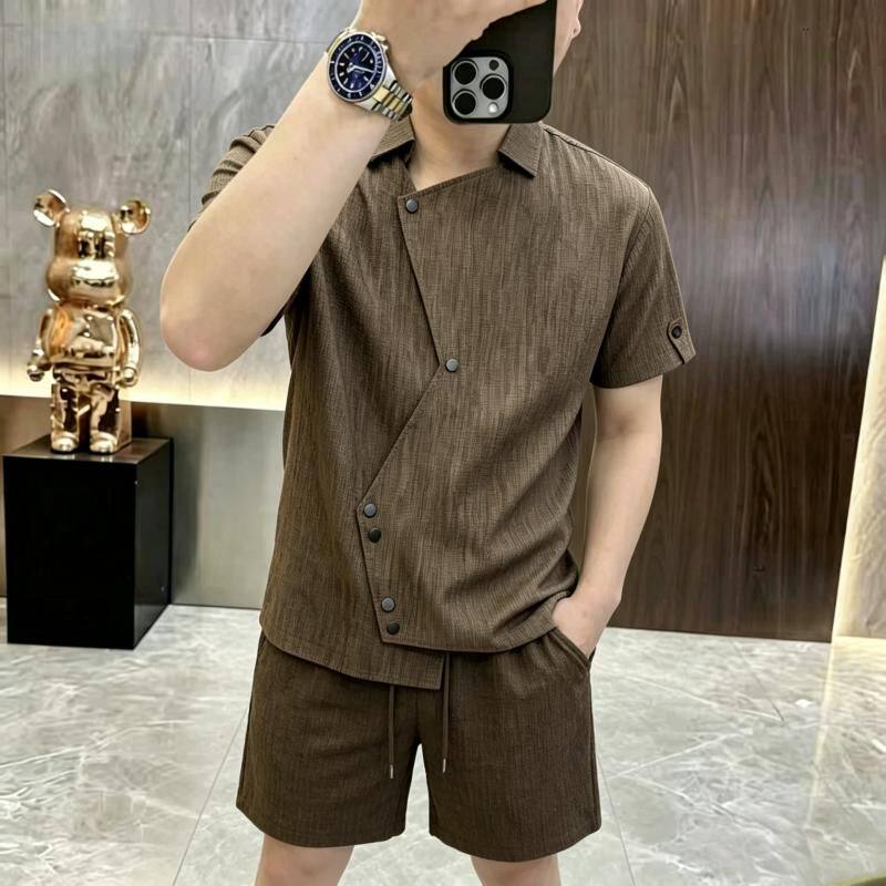 【轻奢时尚】夏季男士潮流短袖衬衫短裤套装帅气两件套男装7257T