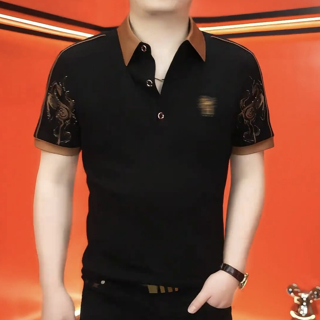 《双领骏马》男士高档时尚夏季半袖潮流翻领印花修身商务翻领POLO