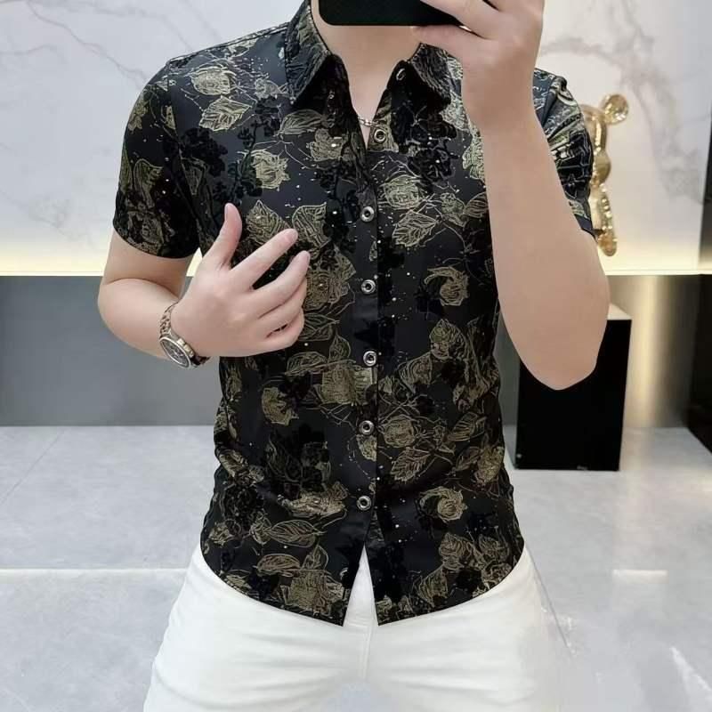 高档夏季欧货印花短袖衬衫男士时尚潮流百搭半袖衬衣男装25009