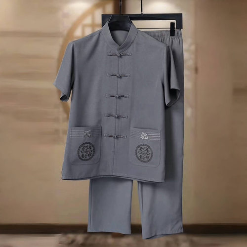 唐装短袖夏季爸爸套装中老年男装休闲汉服中国风爷爷宽松晨练服男