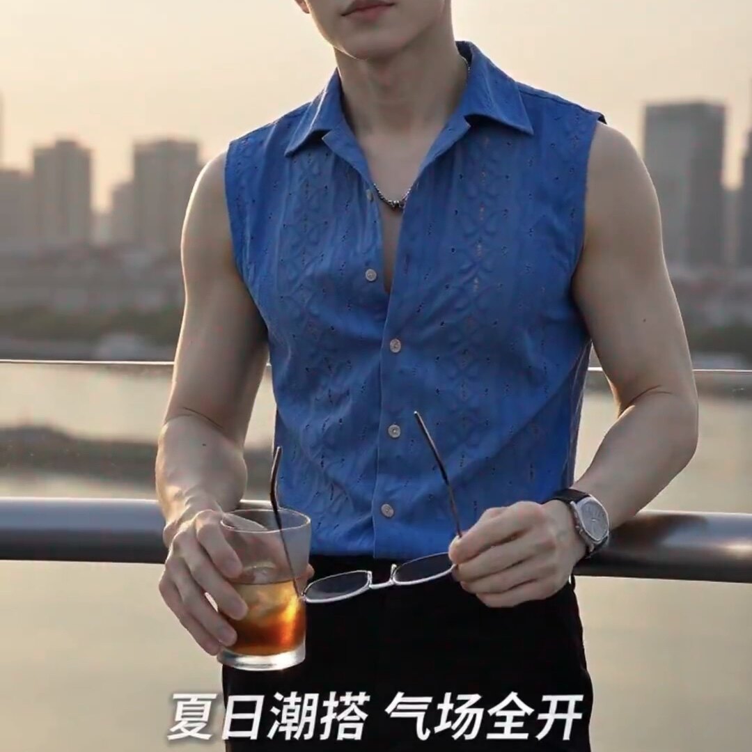孔眼镂空无袖衬衫男款夏季新款透气薄款立体夜场浮雕男士衬衣上衣