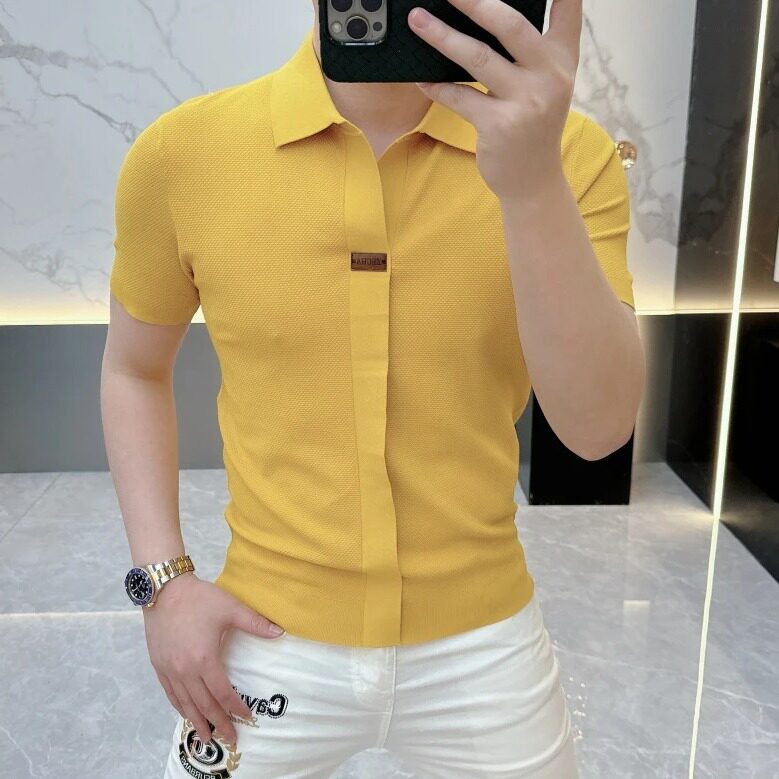 夏季新款男士高品质欧版轻奢时尚冰麻拼色针织半袖翻领polo短袖