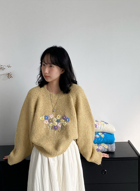 韩系氛围感手工立体钩花套头毛衣女冬温柔气质软糯上衣U1394