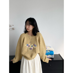 韩系氛围感手工立体钩花套头毛衣女冬温柔气质软糯上衣U1394