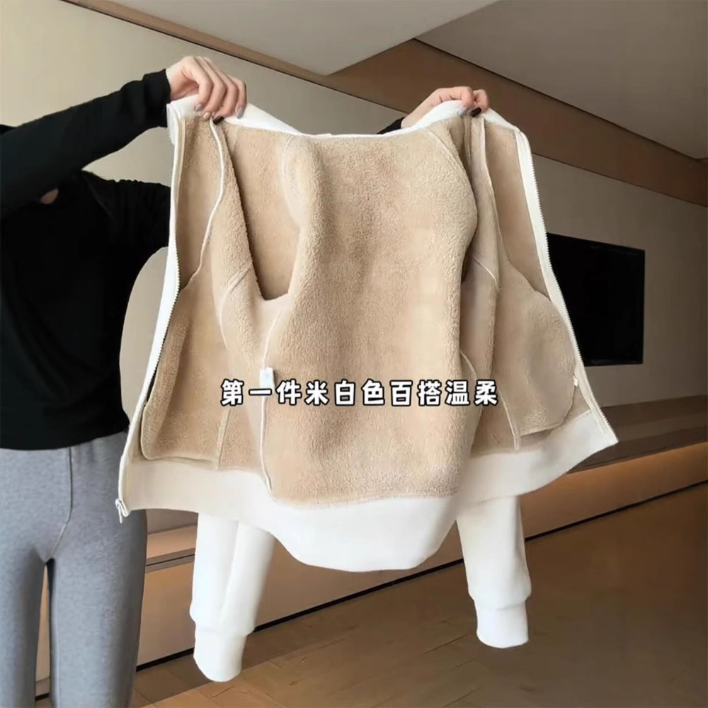 修身摇粒绒外套女秋冬加绒加厚连帽即墨卫衣保暖冲锋衣内胆羊羔绒