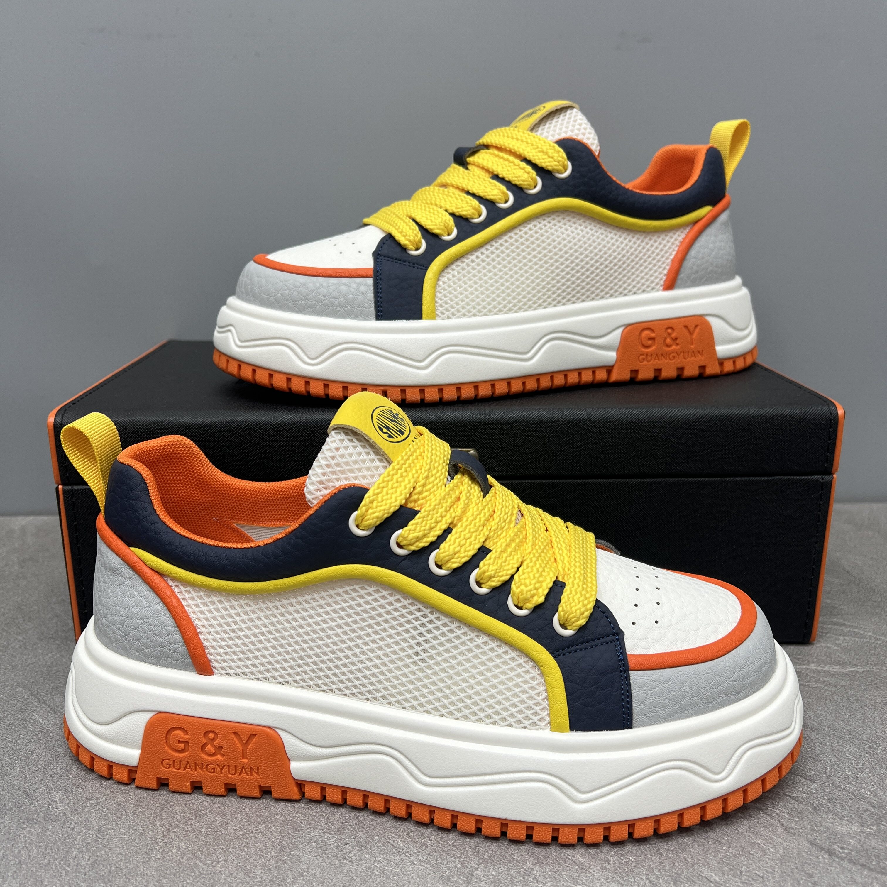 个性厚底板鞋春季新款透气男鞋青春潮流时尚网面拼色男士休闲鞋子