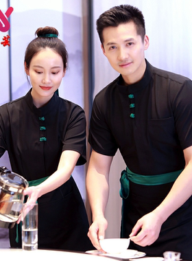 中式酒店工作服女短袖盘扣仿古餐饮武侠风客栈火锅饭店茶楼男夏装