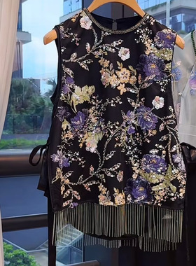 国风款2024夏季新中式重工刺绣无袖中国风盘扣黑色马甲女 M6076