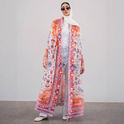 印花开衫2026长袍民族褶皱风新款褶风衣服压三宅外套大码女装