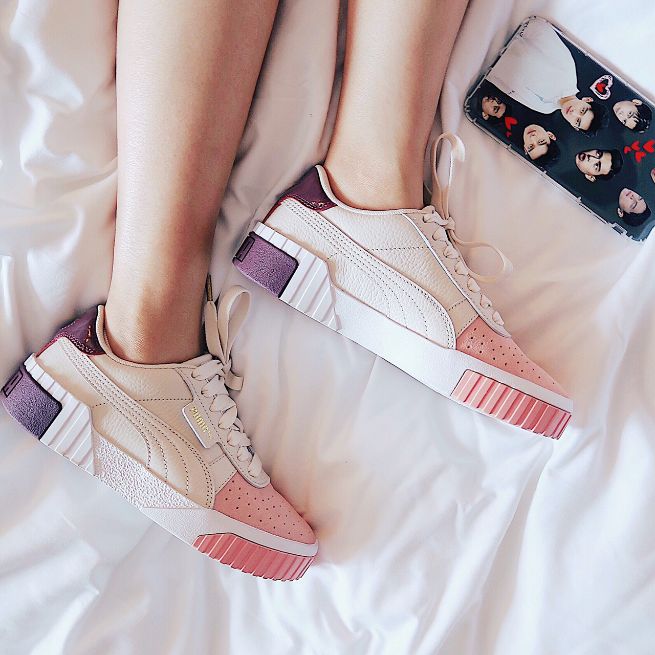 PUMA CALI 彪马女鞋三明治白粉草莓新婚粉厚底复古板鞋370811-02(非品牌)