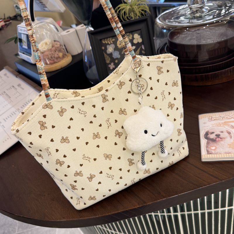 韩系爱心蝴蝶结刺绣帆布包女大容量单肩托特包彩色编织通勤手提包