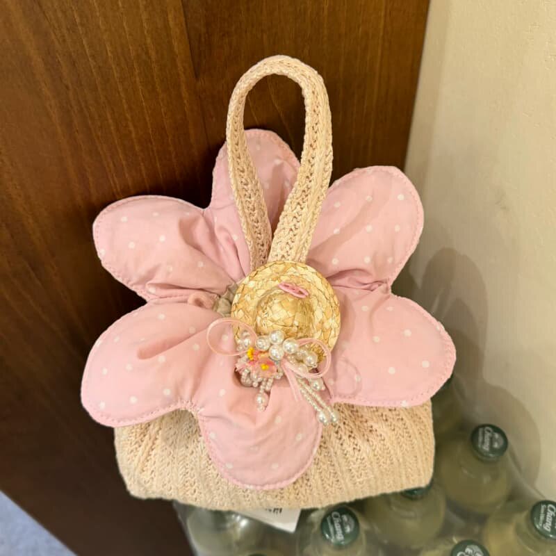 度假风草编花朵手提包女粉波点草帽装饰夏季沙滩手拎小包