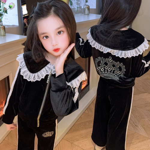 高级感女童秋装2026新款洋气时髦儿童丝绒卫衣微喇裤运动两件套装