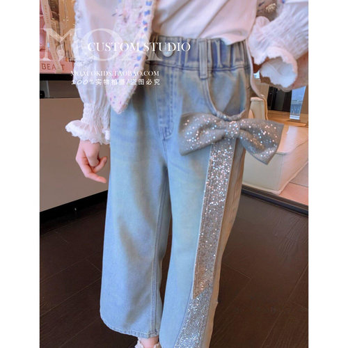 重工烫钻蝴蝶结女童牛仔裤阔腿裤