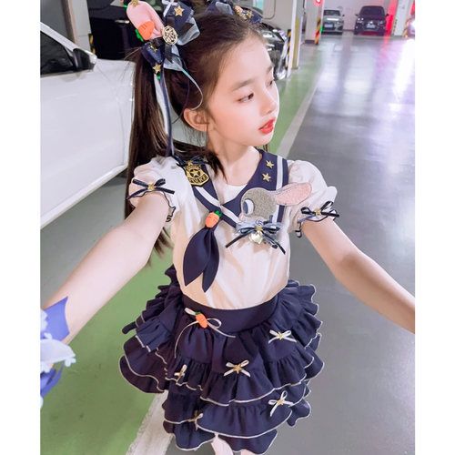 朱迪兔子警cos官服女童套装夏季2024新款洋气短袖T恤蓬蓬裙两件套
