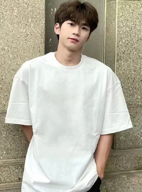 重磅短袖男300gT恤加大码圆领宽松素色t恤简约半袖小领口纯色汗衫