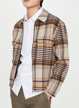 男装格子毛呢夹克短款翻领英伦风双面羊绒大衣外套宽松休闲秋冬潮